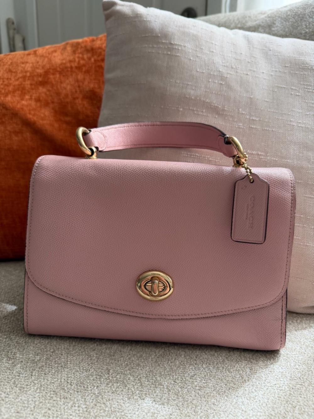 Coach Pink Crossgrain Leather Top Handle Turnlock Flap Satchel Bag